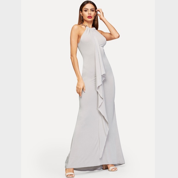 Chain Detailed Ruffle Halter Style Maxi Dress - Picture 2 of 6